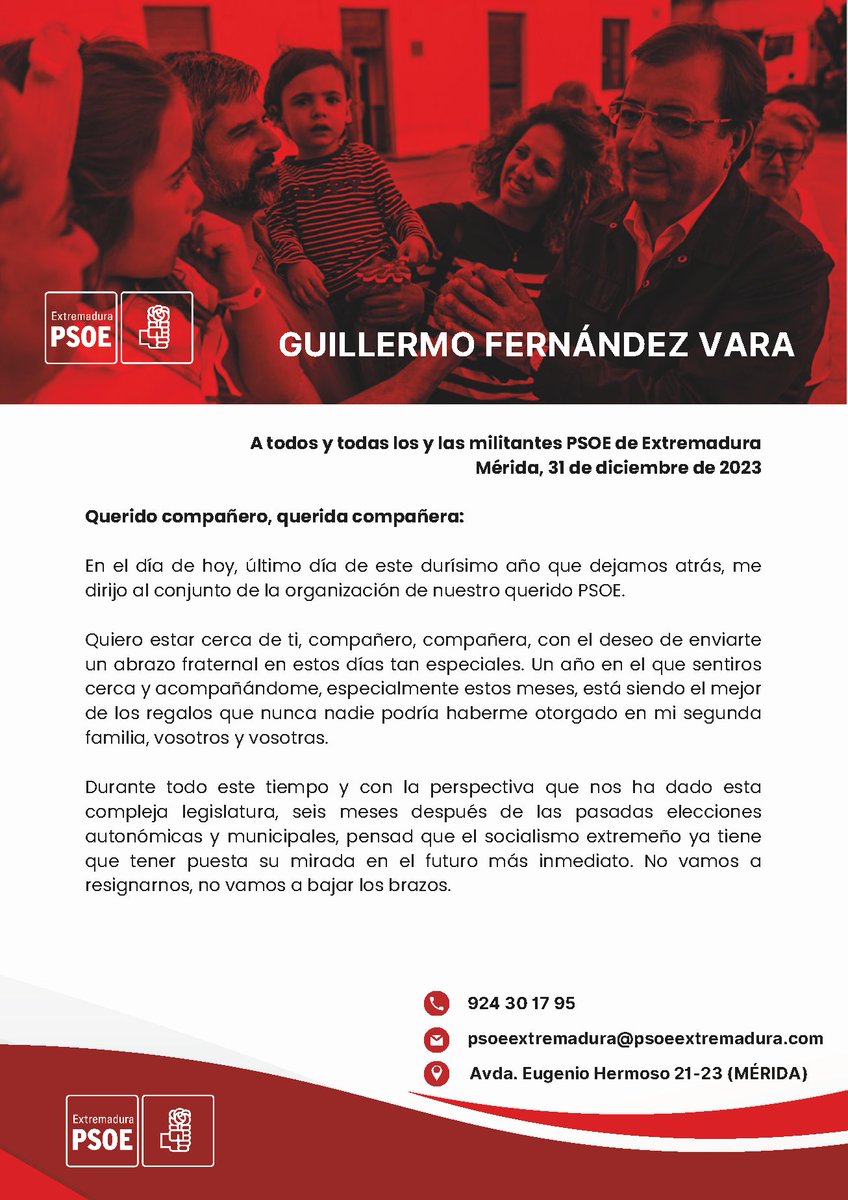 🖋️ El secretario general del PSOE de Extremadura, @GFVara, se ha dirigido hoy por carta a la militancia. 🌹 'El PSOE de Extremadura se prepara para afrontar un tiempo trascendental para el futuro de nuestra querida tierra.' #OrgullodeExtremadura 💚🤍🖤 psoeextremadura.com/mensaje-de-fin…