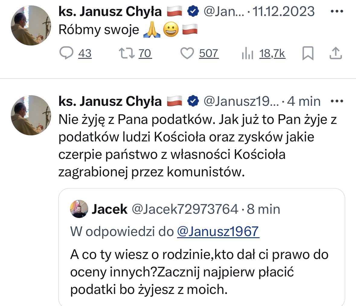 PaniPytalska's tweet photo. Było mnie, Chyła, nie prowokować. No, to róbmy swoje. Kk - największy właściciel ziemski w 🇵🇱po Skarbie Państwa. Nie, to nie jest wasza własność wypracowana ciężką pracą, a regularną grabieżą i układami z władzą, od kiedy przypełzliście tu z mieczami. Mieliście nawet swoich pańszczyźnianych, których dziś nazywacie owieczkami i parafianami obrażając ich w ten sposób. Polecam etymologię słowa parafianin. Dzielicie ludzi na lepszych (katolików) i gorszych (cała reszta). Od zawsze. Tak powstała inkwizycja, która miała za zadanie eksterminację innowierców. A ty, Chyła, jesteś inkwizytorem, chociaż twoja instytucja nie może już stosów odpalać. Z okazji Nowego Roku, życzę ci, żebyś uczciwą pracą zaczął utrzymywać swój leniwy katabasi tyłek, pasożycie. Amen.