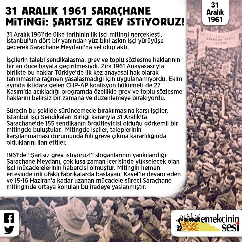 📆 62. yıldönümünde Büyük Saraçhane mitingi işçi sınıfına yol göstermeye devam ediyor.

#Saraçhane
#işçisınıfı
#31Aralık 
#grev
#miting