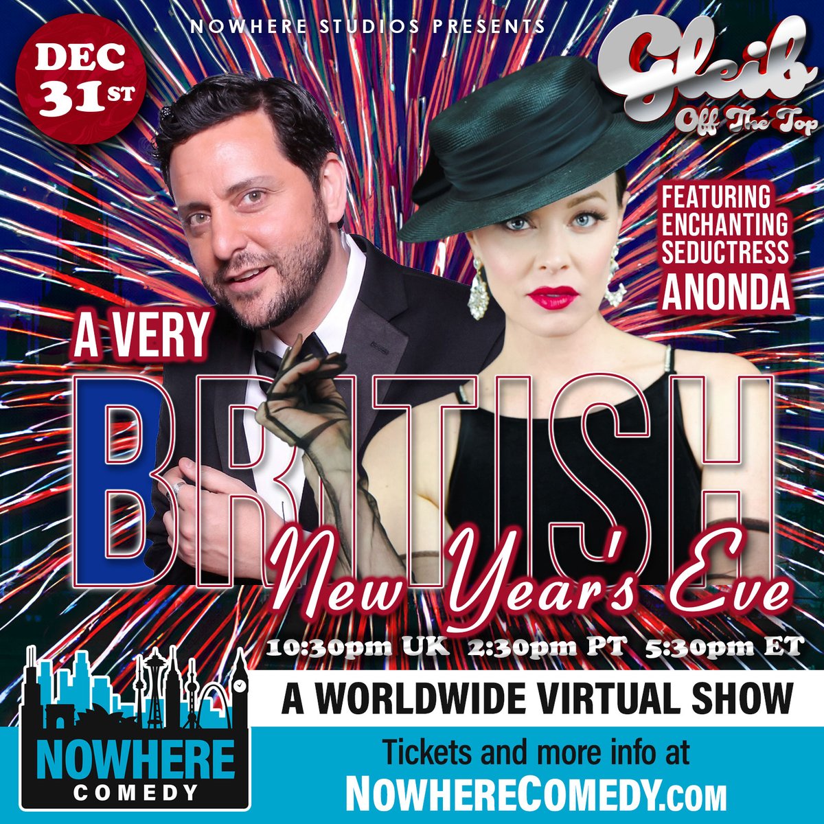 Ring in the New Year with 'A Very British New Year's Eve Gleib Off The Top!' Join @bengleib at 10:30pm UK / 2:30pm PT / 5:30pm ET for epic improv, laughs, and a VIP Meet & Greet. A special guest & unforgettable moments await! Join the fun: NowhereComedy.com