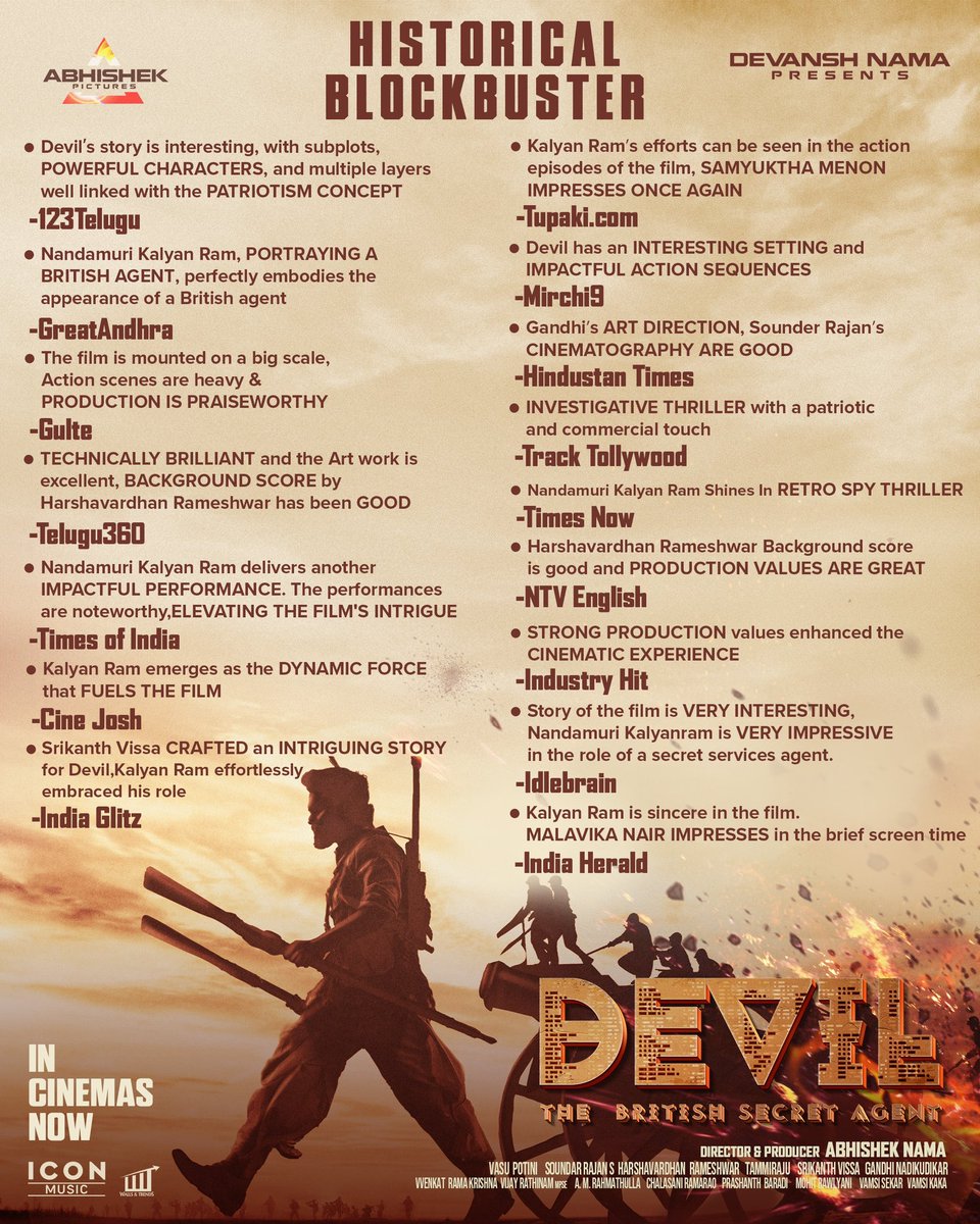 Critics are captivated by the mystique of #DevilTheMovie! 🔥 Embark on a thrilling adventure into the unknown and experience the magic. 🔥 Historical Blockbuster #Devil In Cinemas now💥 Book your tickets now! 🎫 bit.ly/DevilTheMovie #DevilTheMovie @NANDAMURIKALYAN…