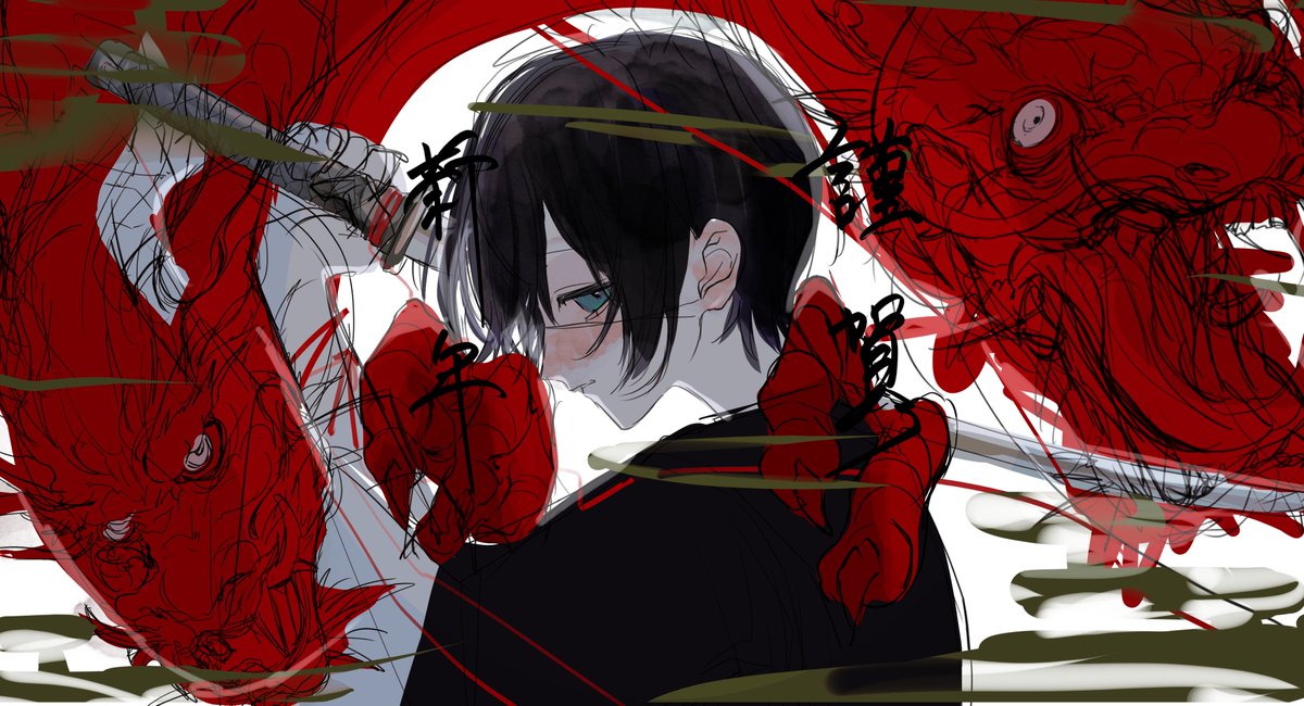 weapon sword black hair holding sword 1boy holding weapon male focus  illustration images