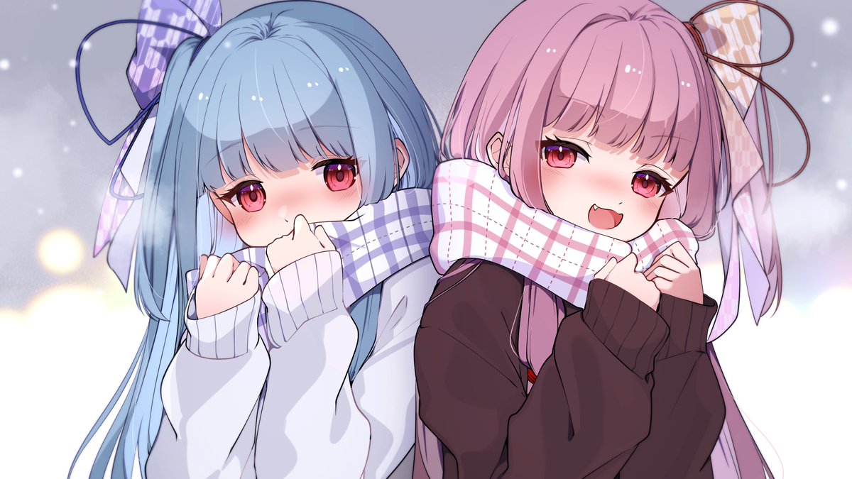 kotonoha akane ,kotonoha aoi multiple girls 2girls sisters siblings scarf blue hair pink hair  illustration images