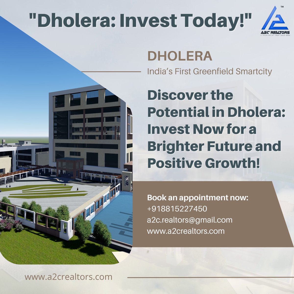Unlock boundless possibilities in Dholera with A2C Realtors. Your dream investment awaits in the city of the future! 🏡✨ #DholeraDreams #A2CRealtors #InvestInTomorrow #vibrantgujarat