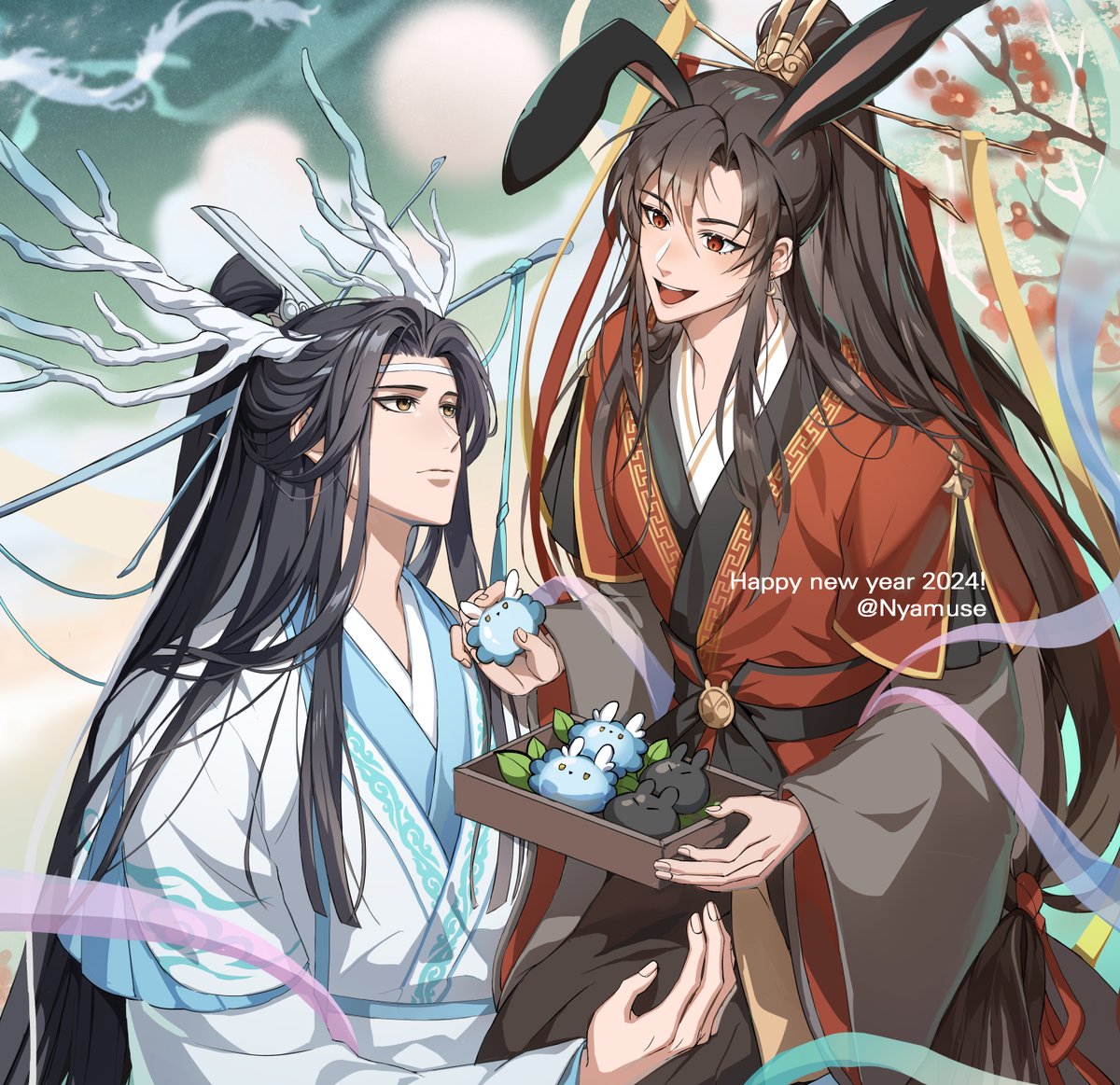 2boys multiple boys long hair animal ears rabbit ears black hair hanfu  illustration images