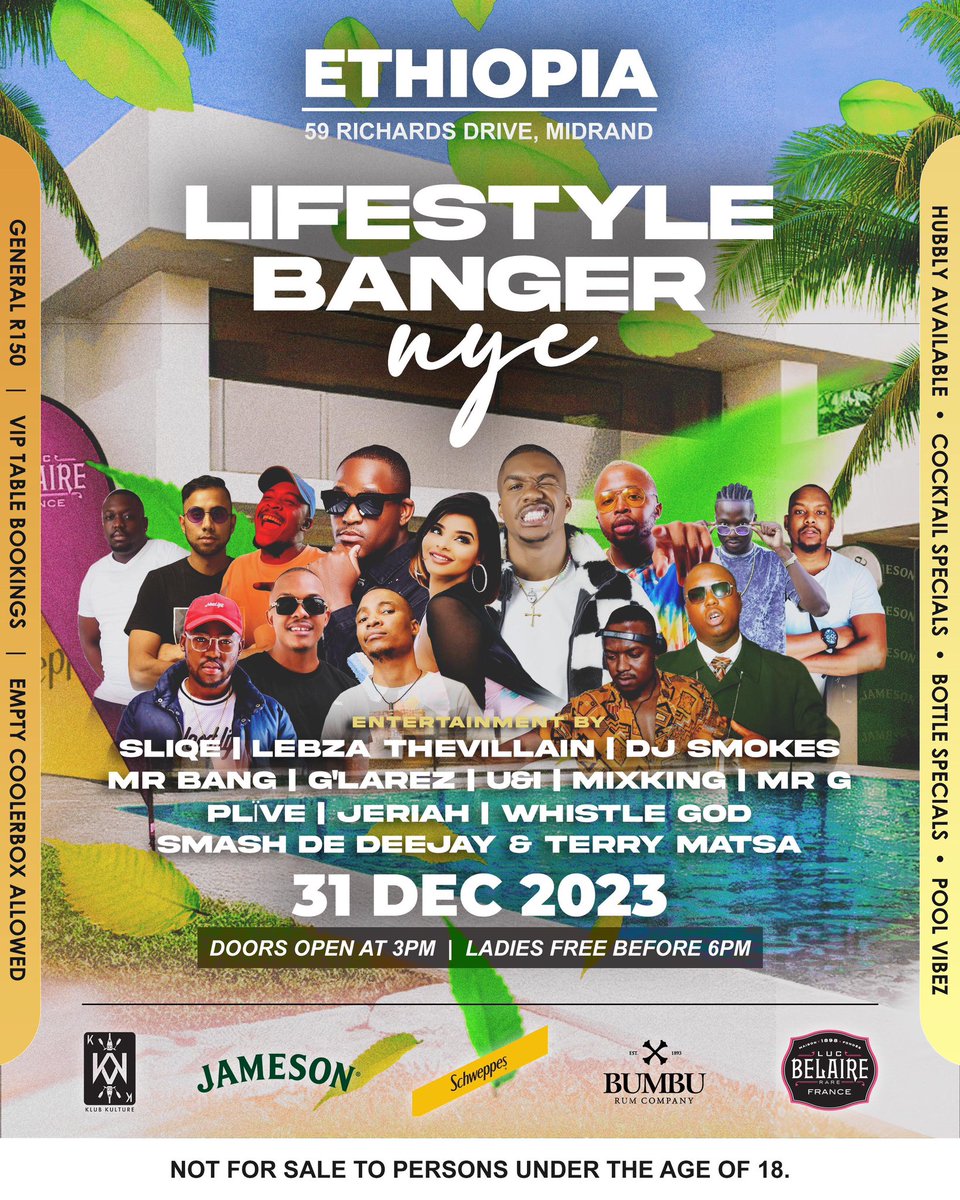 Here are plans for tonight! 🔥#LifestyleBangerNYE it is!🫰🏽

Venue: ETHIOPIA, 59 Richard’s Drive, Midrand 

🎫 R150 General
🎫 R300 VIP 
🔗: howler.co.za/lifestylebange…

For table bookings, contact 072 851 6597