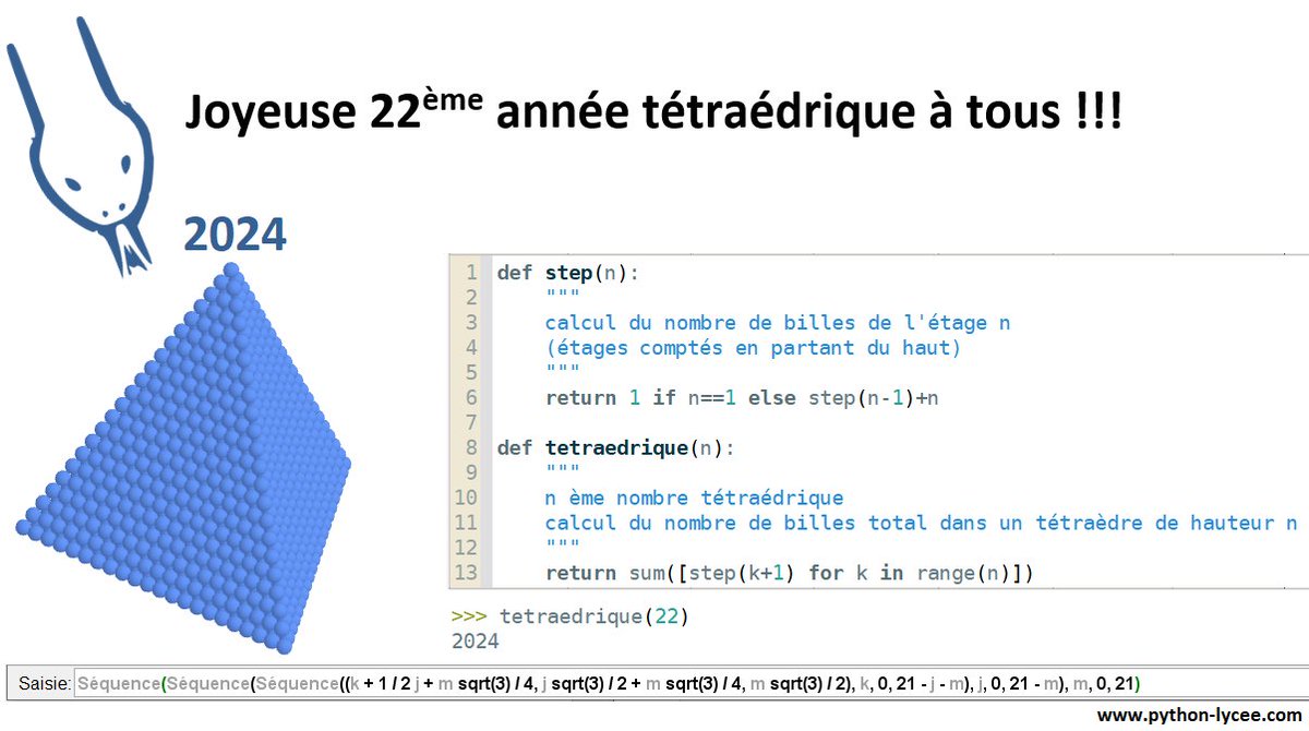 PythonLycee's tweet photo. Ce n'est pas tous les jours qu'on peut souhaiter une bonne 𝐚𝐧𝐧𝐞́𝐞 𝐭𝐞́𝐭𝐫𝐚𝐞́𝐝𝐫𝐢𝐪𝐮𝐞 ! 🥳🥳🥳
La prochaine sera dans 276 ans.
J'ai eu le courage de vous l'illustrer avec #geogebra ... en une seule ligne de commande😉.
Bonnes fêtes à tous et 𝐛𝐨𝐧𝐧𝐞 𝐚𝐧𝐧𝐞́𝐞 ! https://t.co/2F9e3ctXvq