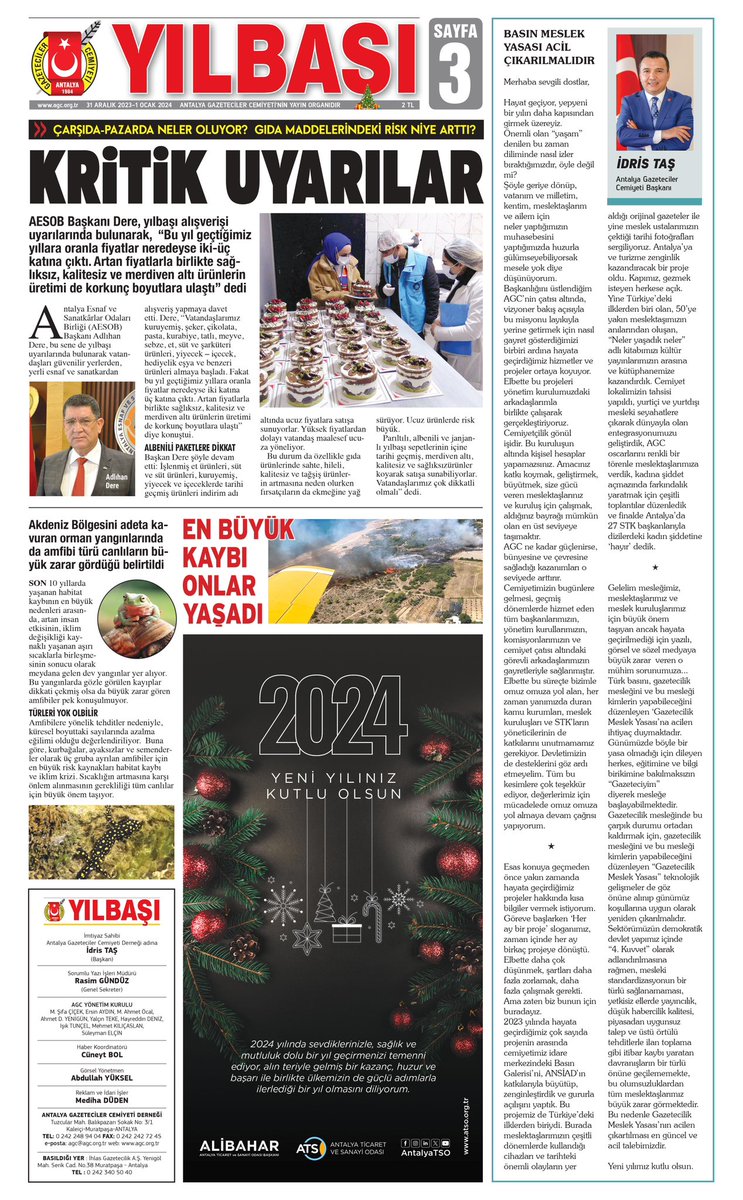 2024 yılının ülkemize ve insanlığa barış, huzur ve esenlikler getirmesini diliyorum.  Cemiyetimizin geleneksel yayını olan 🗞️AGC YILBAŞI GAZETESİ'ni yeni yılın ilk sabahı bayinizden istemeyi unutmayın. Nice senelere! <a href="/agcantalya/">ANTALYA GAZETECİLER CEMİYETİ</a>