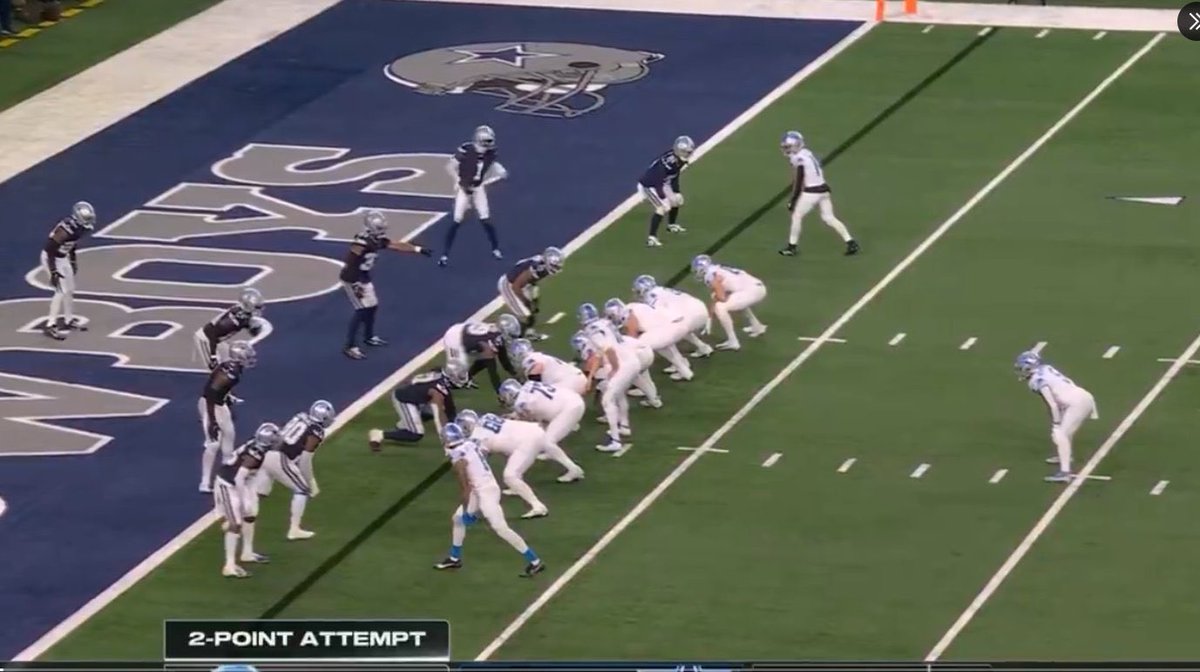 FrankRossi's tweet photo. This 2pt play by Detroit was a disaster regardless of 68 reporting or not.

First, as the Head Referee stated below, 70 is covered despite reporting. As such, he creates an illegal formation on this play.

In addition, either 68 is covered on the left side to have 7 on the line, or he is uncovered, leaving just 6 on the line (which would be too few). One way or the other, there is a foul there, too.

We’re all focused on 68 reporting/not reporting, but there are at least two other formation-based fouls on the play regardless of that aspect of the play. While the @Lions could be upset about that reporting issue, this play never was going to be acceptable based on how the players lined up with respect to the LoS & 70 reporting. @D3FBHuddle