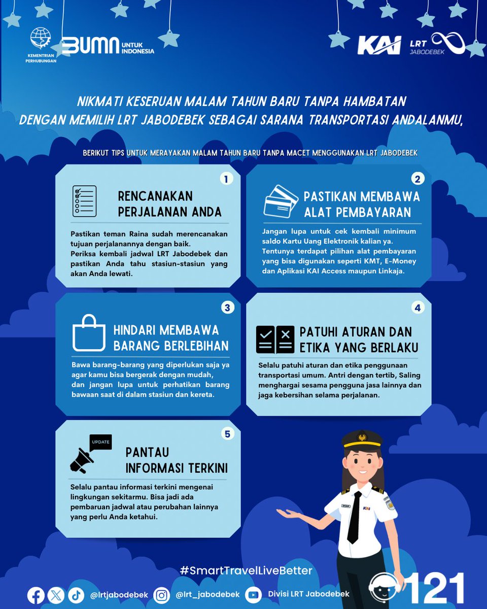 lrtjabodebek's tweet photo. Hi teman Raina
Di malam tahun baru yang penuh semangat ini, LRT Jabodebek hadir dengan perpanjangan waktu operasional, spesial untuk teman Raina. Nikmati perjalanan yang penuh kenyamanan dan keamanan dengan layanan terbaik dari LRT Jabodebek.
#LRTJabodebek #smarttravellivebetter https://t.co/A4vxfEWjrZ