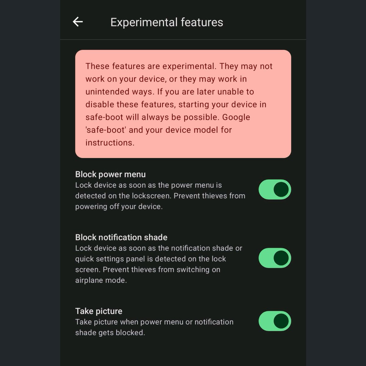 CrookCatcherApp's tweet photo. Block the power menu and notification shade on your lock screen with two new experimental features. A thief might just immediately try to turn off your device to avoid tracking. Find them on the settings page in CrookCatcher. https://t.co/njYIzcii7X