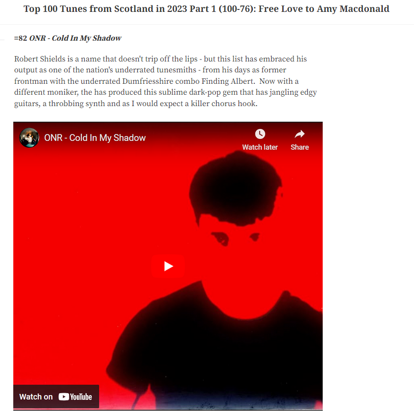 .<a href="/heraldscotland/">The Herald</a> listed 'Cold In My Shadow' as one of the Top Tunes from Scotland in 2023

"sublime dark-pop gem that has jangling edgy guitars, a throbbing synth and as I would expect a killer chorus hook"

🔗: heraldscotland.com/news/24009034.…