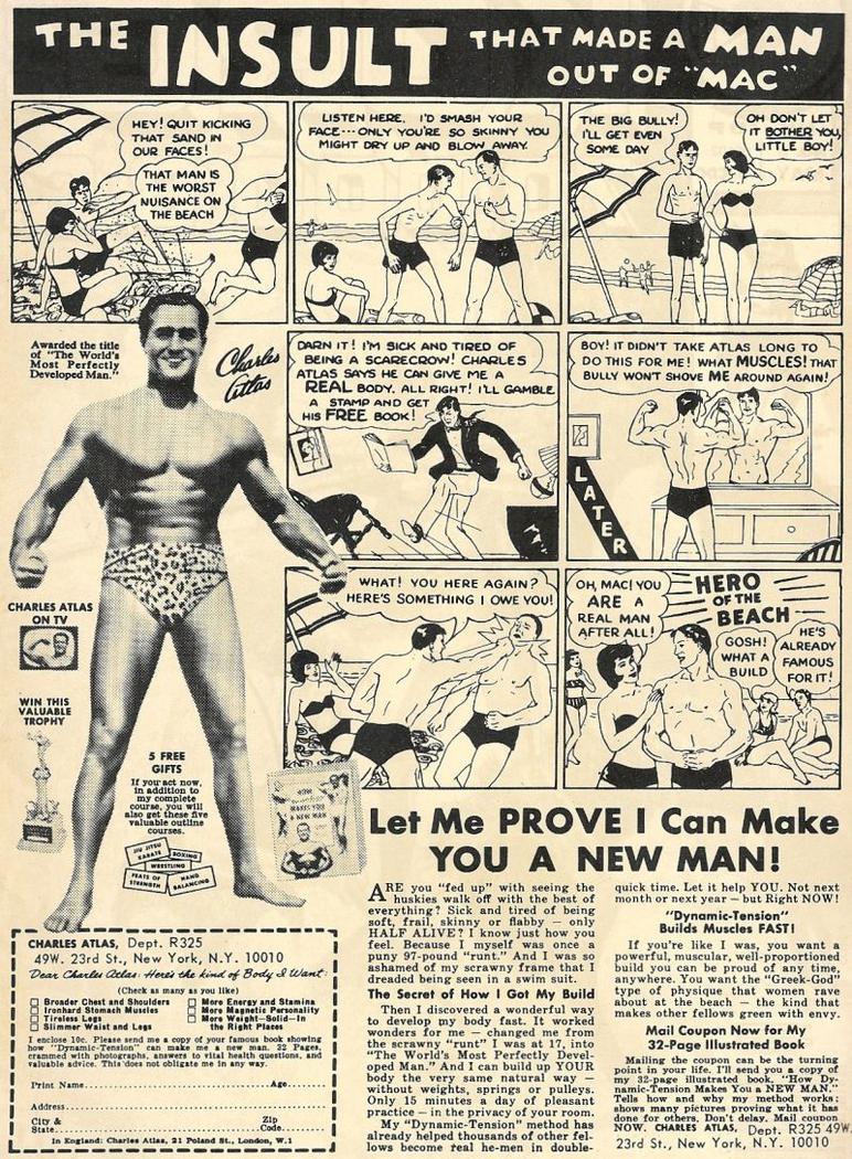 TimeMachine4U's tweet image. Skinny wimps listen up. What really makes a real man? Muscles. Muscles, and violence, of course.
Start working out now and before you know it, you too can be the hero of the beach.

&quot; An offensive vintage ad that would never be published today &quot;

#RIZIN45  #OpenseaVulnerability