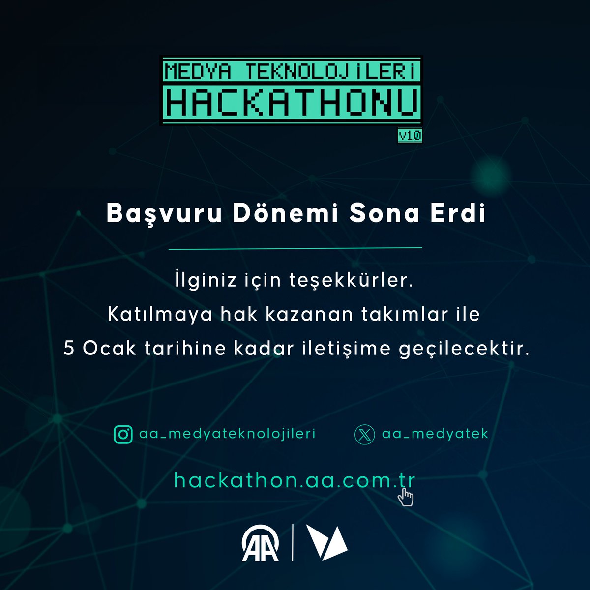 Medya Teknolojileri Hackathonu'na başvuru dönemi sona erdi, yarışmaya olan büyük ilgi için teşekkürler!🚀 

Yarışmaya hak kazanan takımları öğrenmek için takipte kalın💻✨

🌐 Geleceğin medya teknolojilerini keşfetmek için heyecanla bekliyoruz!

#MedyaTeknolojileriHackathonu 🚀🌟