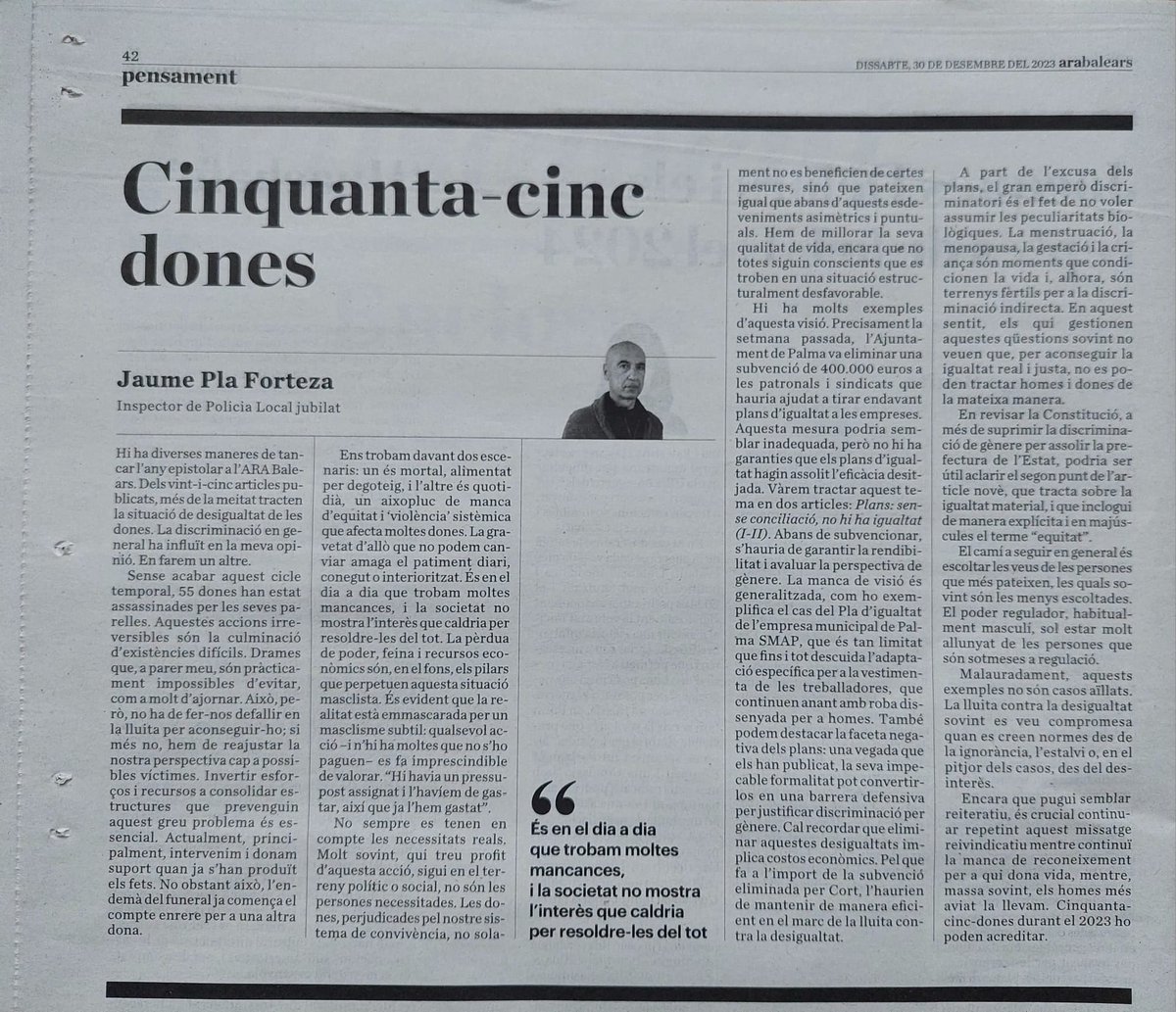 HomesPer's tweet photo. Encertat article d'opinió @JPla_Forteza al @arabalears 
Hem de seguir lluitant per aconseguir una societat sense violència masclista. https://t.co/UpRF0aclU5