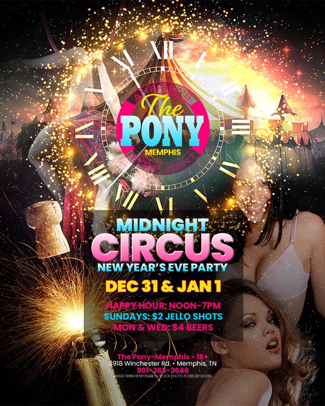 Ring in the New Year with us at @ThePonyM! 🎉 We’ll have gorgeous entertainment, drinks, and a midnight countdown to kick off 2024! 🥂🎊 Don’t miss out on the biggest party of the year! 🤩 
.
.
.
#NYE #NewYearsEve #MidnightCircus #Pony #Memphis #PonyMemphis #BestofMemphis