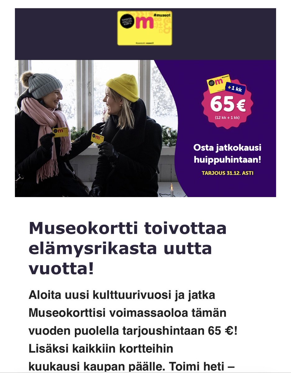 jniemi37's tweet photo. Tänään vielä voi jatkaa parasta korttia ,eli ⁦@museokortti⁩ 
#MinäJatkoin https://t.co/ggXp5JTlvi