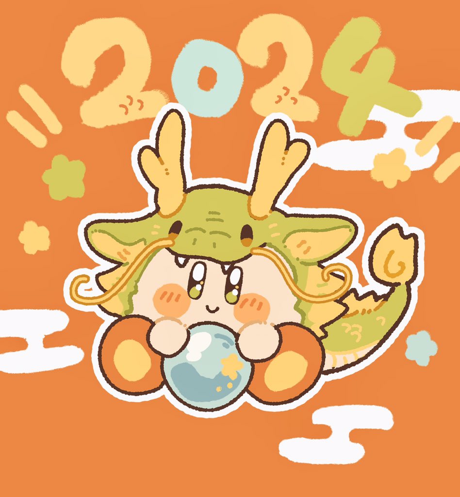 kirby no humans smile planet orange background holding blush stickers closed mouth  illustration images