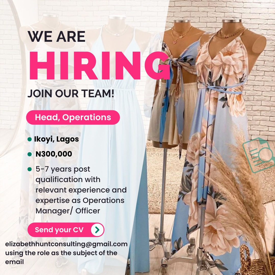ElizabethHuntCo's tweet photo. #hiring Head, Operations for a Fashion Company.
Operations experience is compulsory.
#nowhiring #jobs #elizabethhuntconsulting https://t.co/kJqIIfeeL1