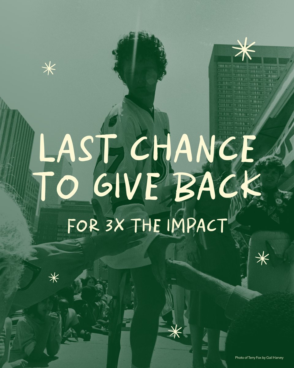 Today is the last day to receive one more charitable tax receipt for 2023! 

Give back today to fund extraordinary cancer research in Canada. All gifts up to $50K will be triple matched to have 3X the impact for people facing cancer. Give now at terryfox.org