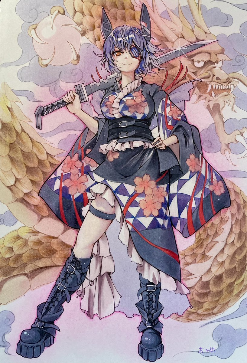 tenryuu (kancolle) 1girl eyepatch japanese clothes sword dragon kimono weapon  illustration images