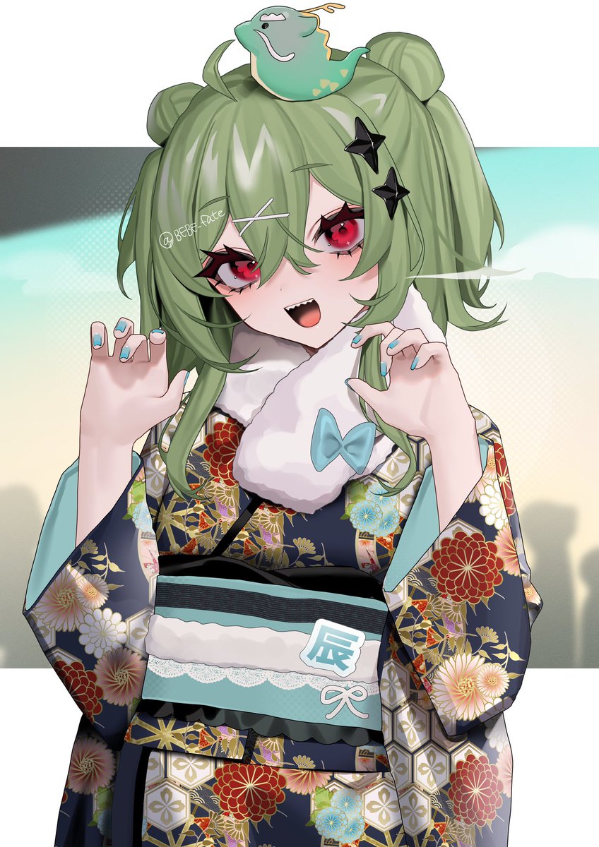 1girl japanese clothes kimono hair bun red eyes green hair double bun  illustration images