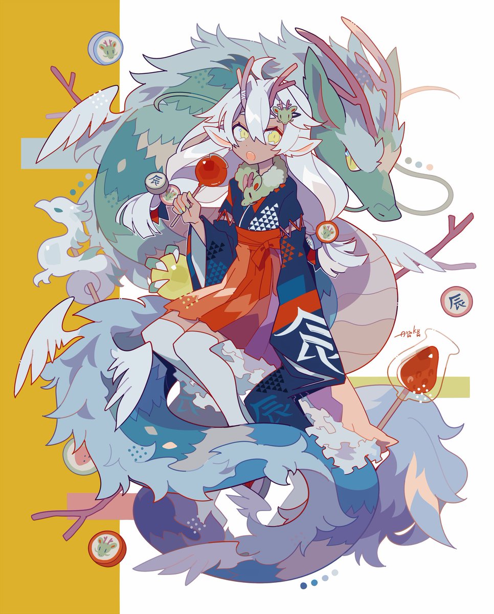 1girl food horns white hair long hair japanese clothes yellow eyes  illustration images