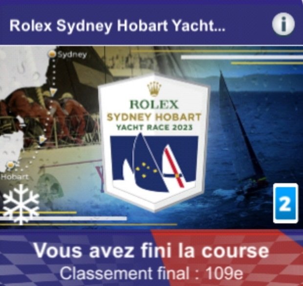 C'était ma dernière course en 2023
Sans commentaire pour cette <a href="/rshyr/">Rolex Sydney Hobart</a> sur <a href="/VirtualRegatta/">Virtual Regatta</a> ..., vaut mieux pas 🙄
Vivement 2024 😅