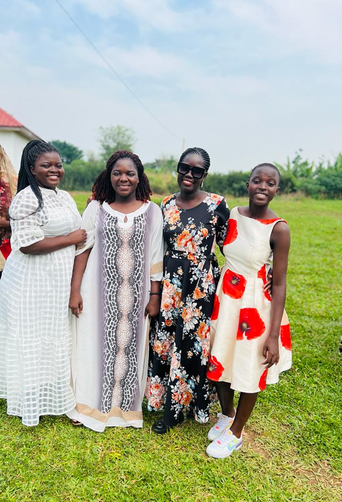 Winnie, Liz and Eve. Grandchildren of Mr and Mrs Kadaagaand Bella ,Greatgrandaughter outside St Mathew's Church after its inauguration on 31st Dec 2023 at Kiige, Kagumba Subcounty, Kamuli