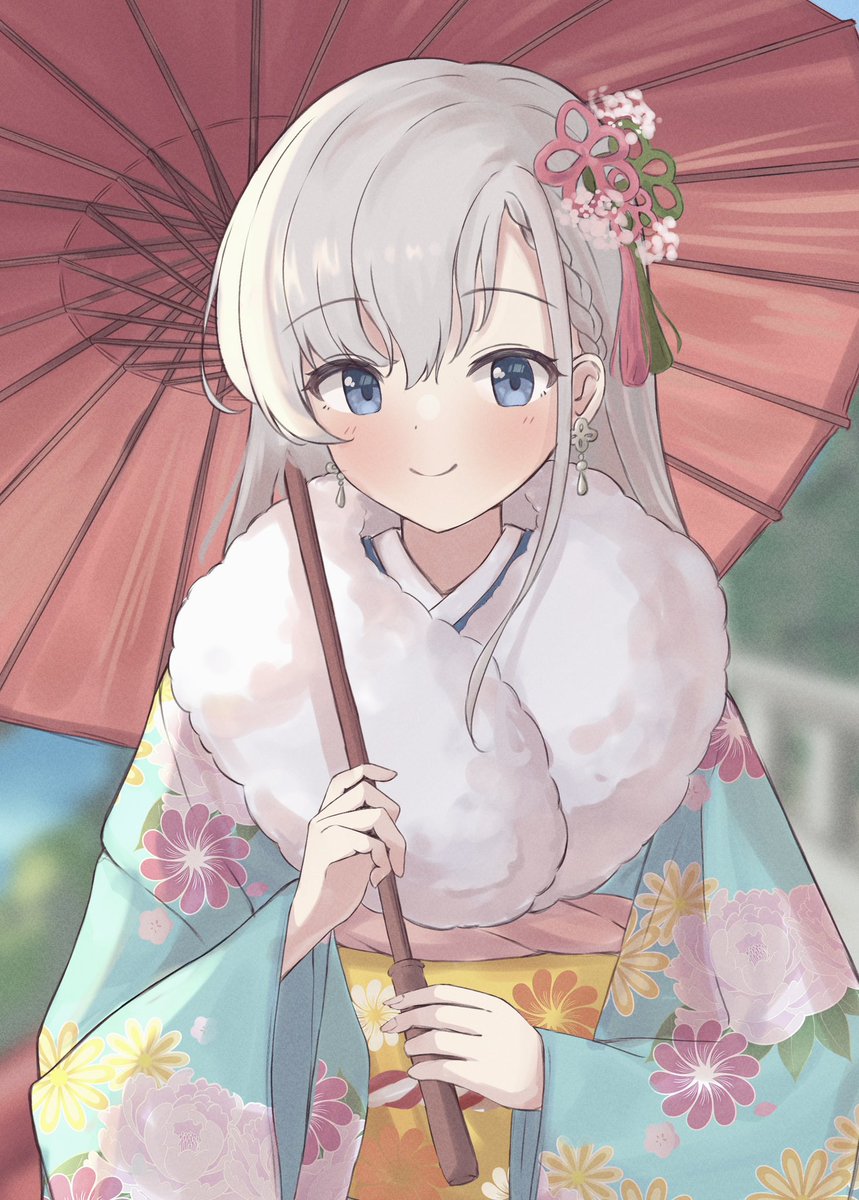 hisakawa hayate 1girl solo japanese clothes kimono smile umbrella blue eyes  illustration images