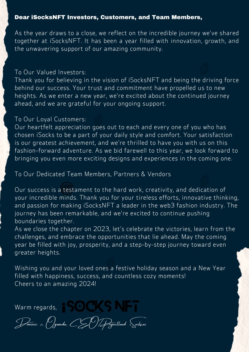 As the year draws to a close, we reflect on the incredible journey we've shared together at iSocksNFT. It has been a year filled with innovation, growth, and the unwavering support of our amazing community.
Thank you.
@TheBinanceNFT <a href="/unstoppableweb/">Unstoppable Domains</a> <a href="/isocksNft/">isocksNFT</a>