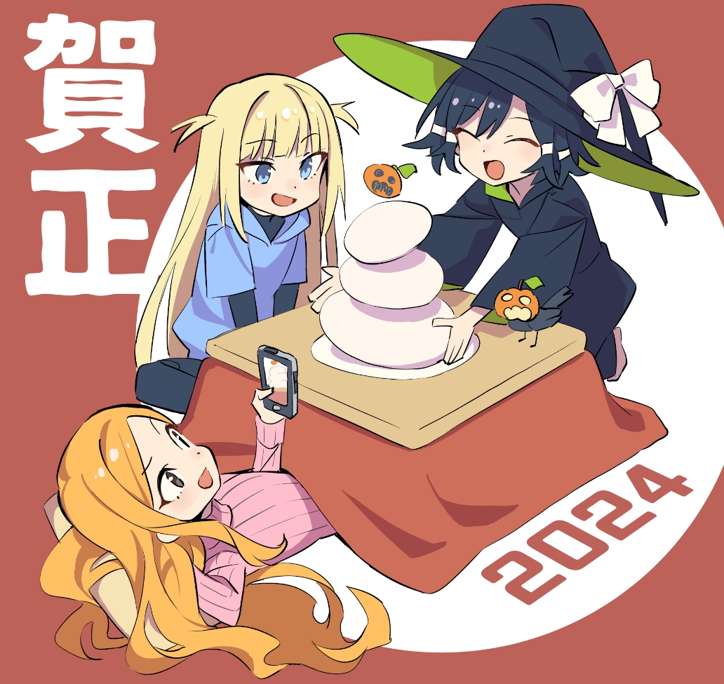 multiple girls 3girls witch hat blonde hair table hat kotatsu  illustration images