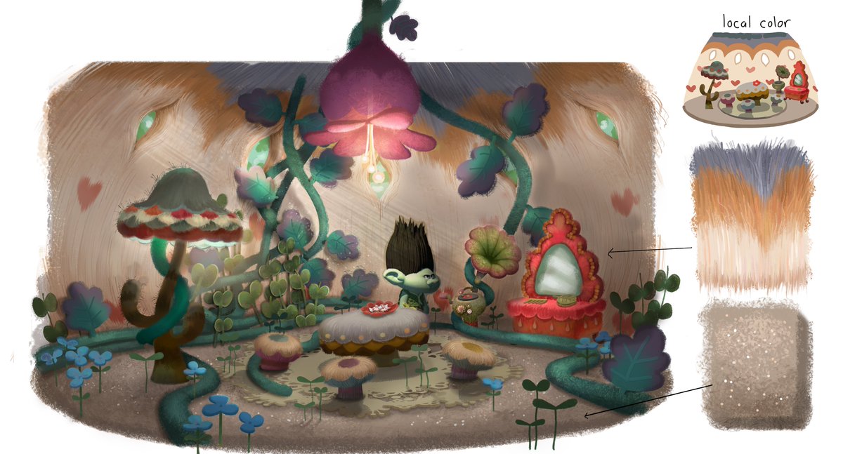 Here's a big thread of everything I made for Trolls 3! I wanted to show all of the props and callouts I worked on too because I think they're interesting!! First, I helped design Branch's Grandma's Pod! It looks a bit different in the final movie, but a lot of the props stayed!