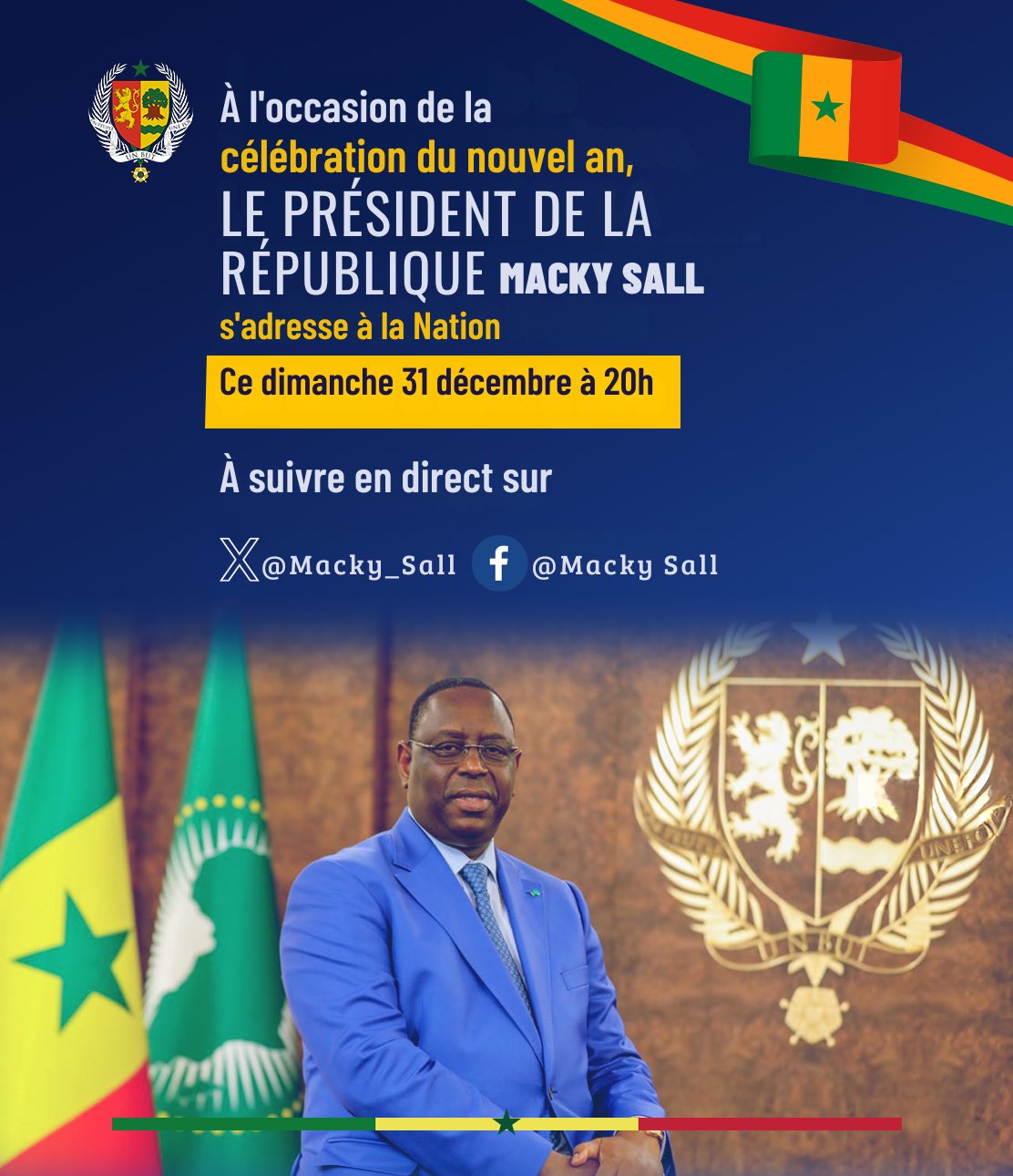 Présidence Sénégal on X: Lors de la remise du drapeau national aux Lions  en prélude à la CAN en Côte d'Ivoire, S.E @Macky_Sall a encouragé les  joueurs à se battre jusqu'au bout