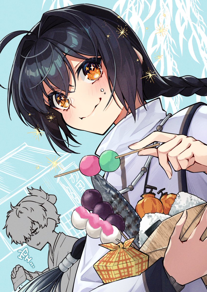 food black hair dango long hair wagashi eating male focus  illustration images