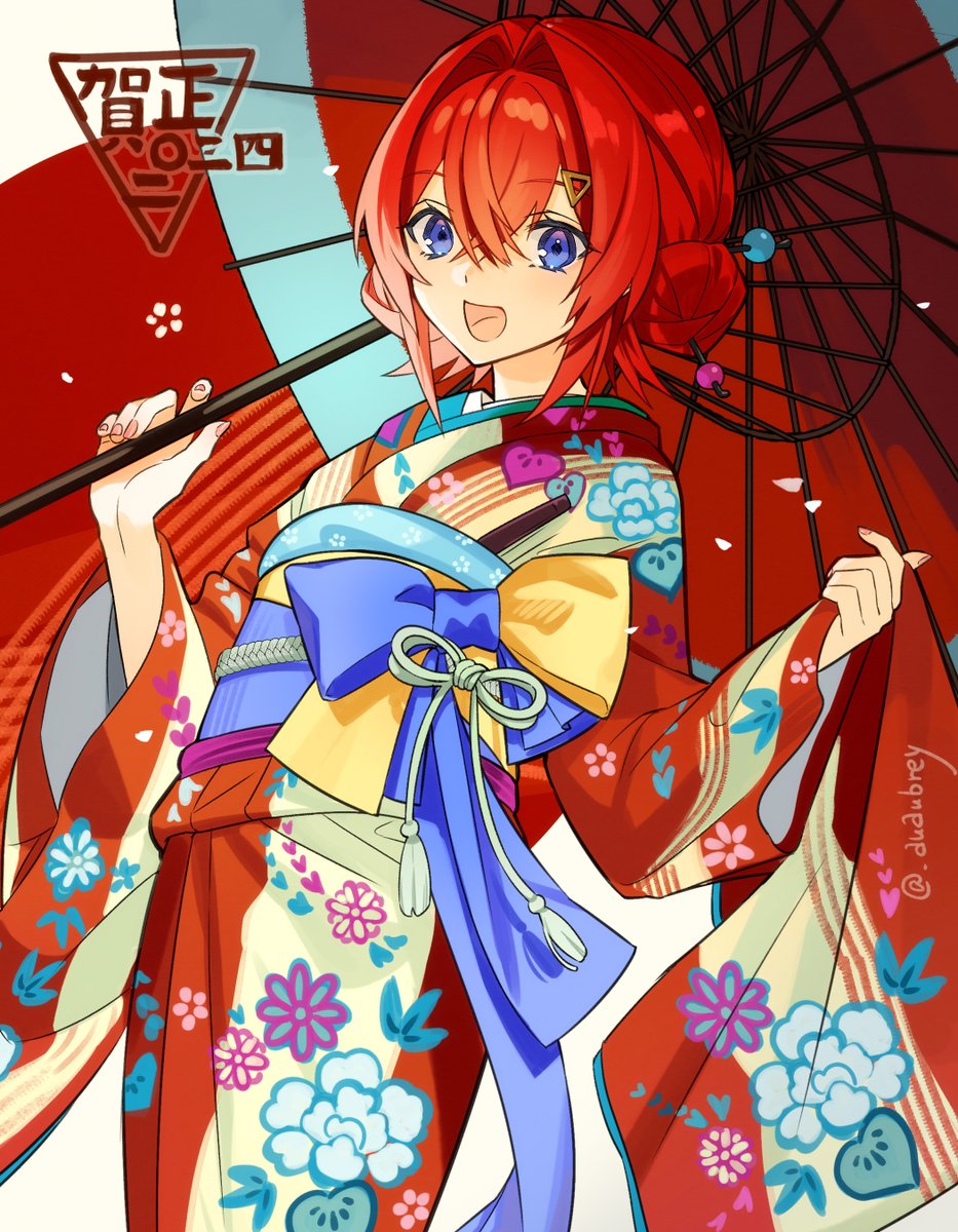ange katrina 1girl solo kimono japanese clothes blue eyes red hair umbrella  illustration images