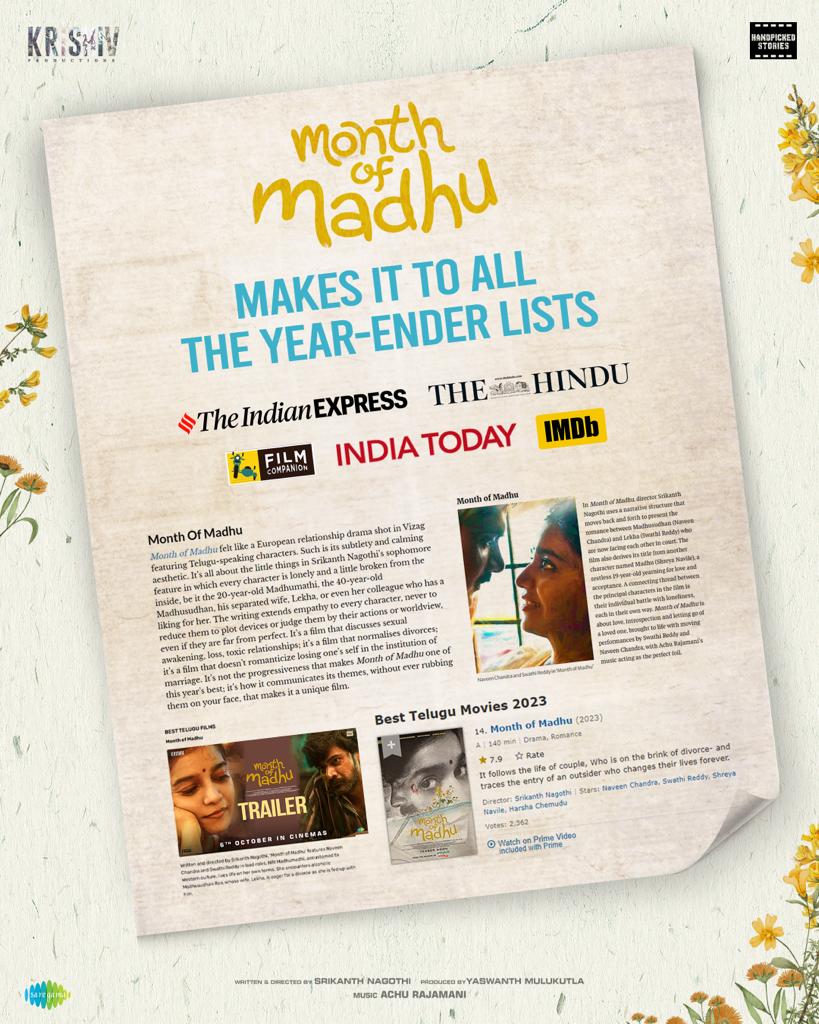 #MonthOfMadhu features in every list of Best Telugu Films of 2023 ❤️‍🔥

Good content &amp; good cinema is being hailed and celebrated ❤️

<a href="/Naveenc212/">Actor Naveen Chandra</a> #Swathi <a href="/srikanthnagothi/">srikanth nagothi</a> <a href="/shreya_navile/">Shreya Navile</a> <a href="/ravikanthperepu/">Ravikanth Perepu</a> <a href="/Yashmulukutla/">yashwanth Mulukutla</a> <a href="/harshachemudu/">harsha chemudu</a> <a href="/ragz46/">Raghu varma peruri</a> <a href="/Rajaraveendar/">Raja Raveendar</a> @ravi_s_mantha