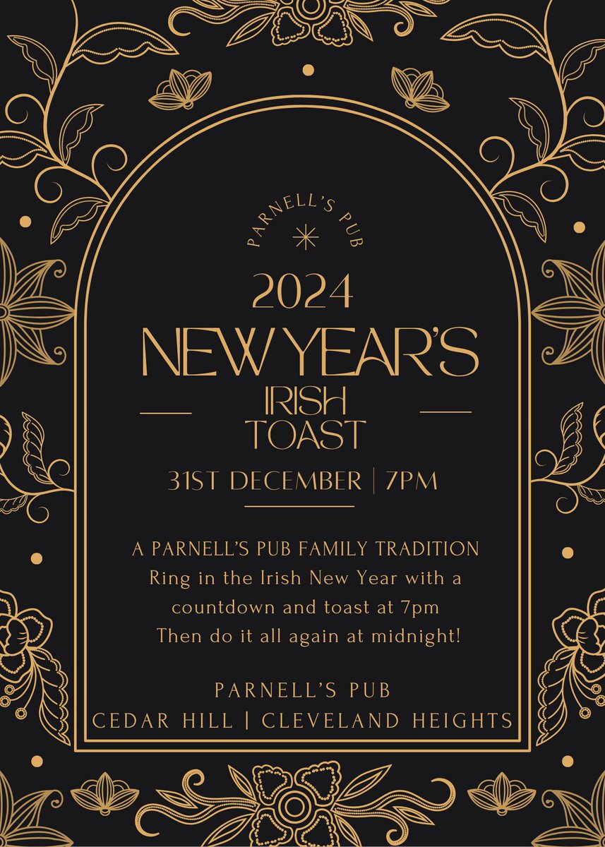 🎉🥂✨ Join us for a Parnell's Pub family tradition this New Year's Eve! 🍻🕰️ Experience the best of two worlds as we toast the new year in Ireland at 7pm, then do it all over again at midnight in Cleveland! 🇮🇪🎊🥳 #ParnellsPubNYE #NewYear2024 #CheersTo2024 #NYEinCLE