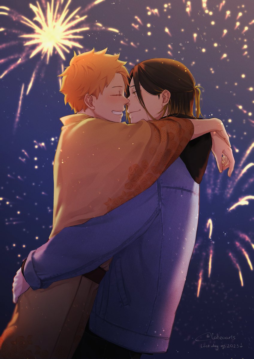 fireworks multiple boys 2boys male focus yaoi closed eyes smile  illustration images