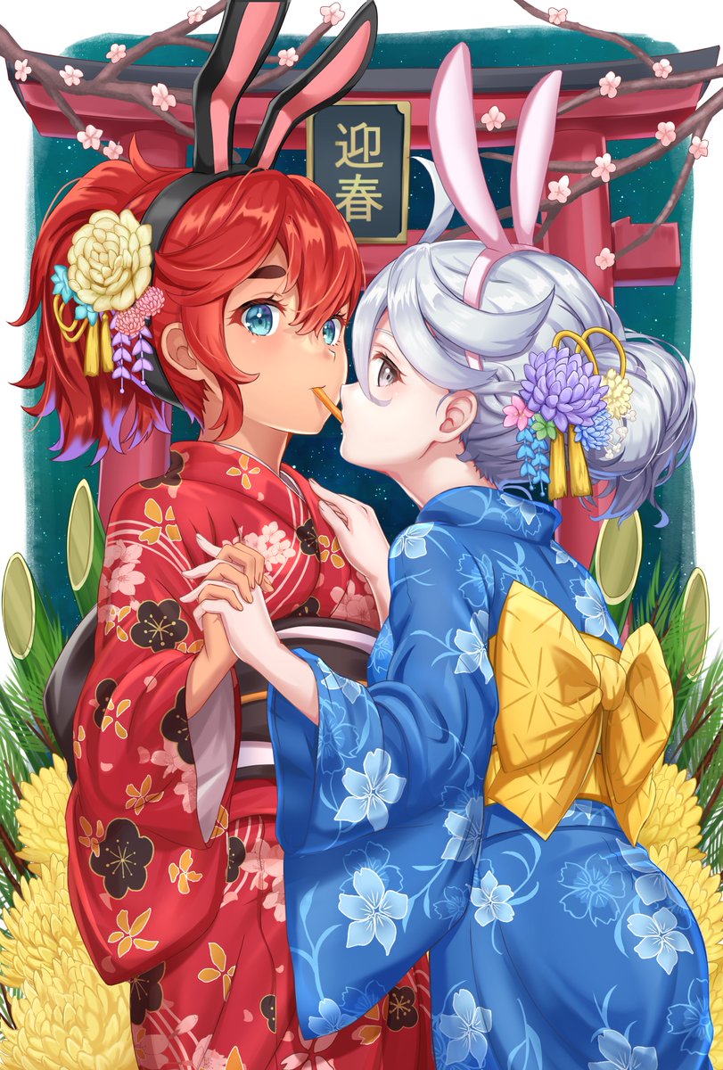 miorine rembran ,suletta mercury multiple girls 2girls kimono japanese clothes animal ears red hair hair flower  illustration images