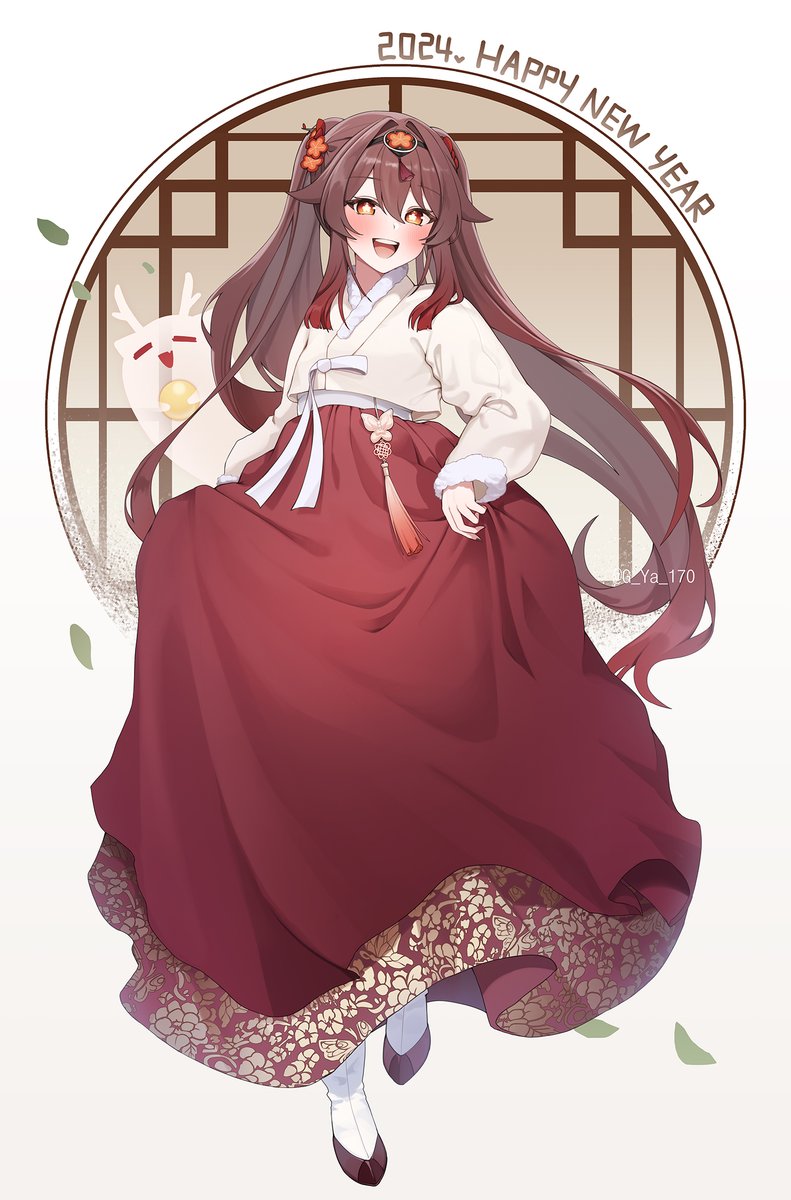 hu tao (genshin impact) 1girl long hair hair ornament twintails sidelocks smile looking at viewer  illustration images