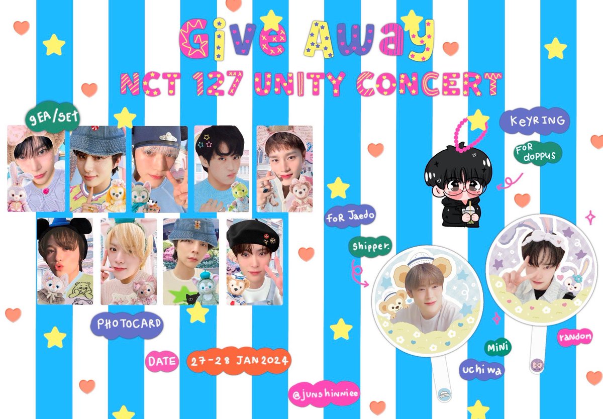 pls kindly rt ♡
✪ give away 🛍️🪄

— 「 photocard set  🎀」
— 「 doyoung keyring  🐰」
— 「 mini uchiwa  🧸」

♯ rt &amp; show this tweet 

♡ date ; 27-28 jan 2024 
♡ time ; tba 
♡ location ; thammasat stadium 

#NCT127_NEOCITY_THE_UNITYinBKK