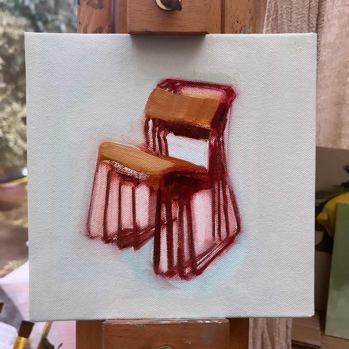 Today’s chair study. A stack of school chairs. #allaprima #painting #oilpainting #freshpaint