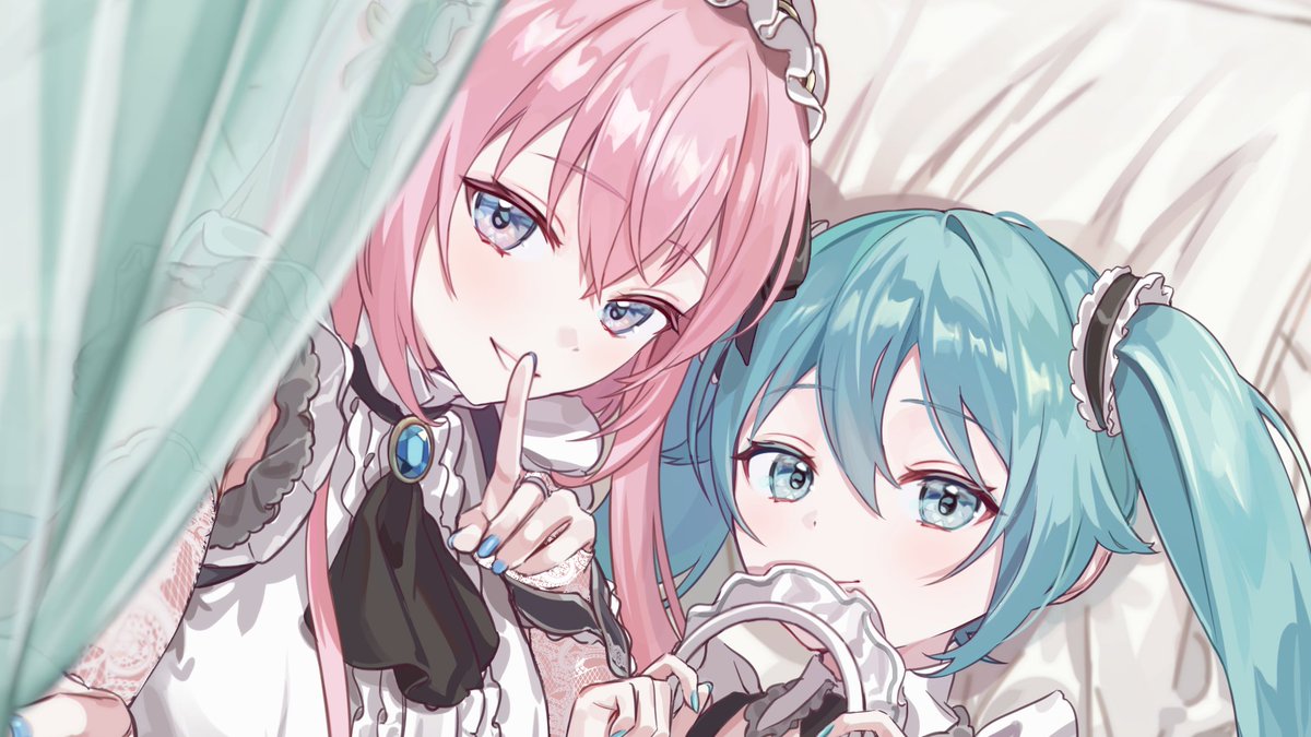 hatsune miku ,megurine luka multiple girls 2girls pink hair long hair twintails finger to mouth looking at viewer  illustration images