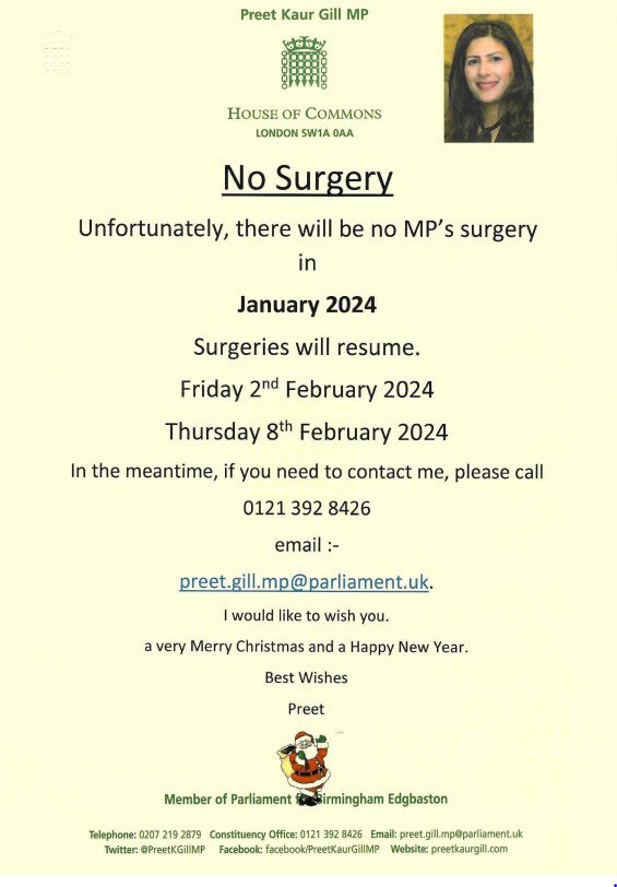🚨 No surgeries in January 🚨Advice surgeries will resume Friday 2nd February, and Thursday 8th February 👇🏽