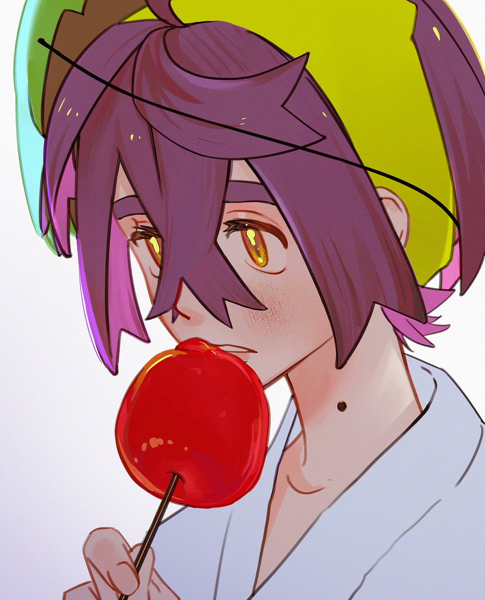 kieran (pokemon) candy apple food solo hair between eyes purple hair 1boy white background  illustration images