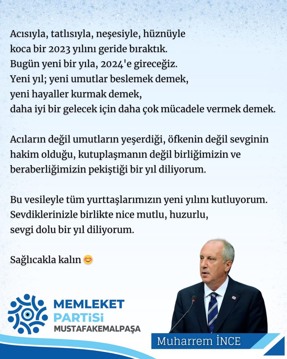 Yeni yılınız kutlu olsun.
<a href="/vekilince/">Muharrem İNCE</a> 
#MemleketPartisi 
#YeniYıl 
#muharremince