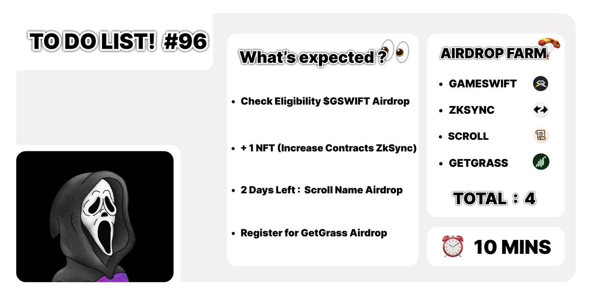 TO DO LIST! #96

🔹 Check Eligibility $GSWIFT Airdrop
🔗 - gswift.community/airdrop/claim

🔹 + 1 NFT (Increase Contracts ZkSync)
🔗 - zethereal.nfts2.me

🔹 2 Days Left : Scroll Name Airdrop
🔗 - scroll.name/?ref=0x983409a…
🔹Check Eligiblity:
🔗 - airdrop.scroll.name

🔹Register