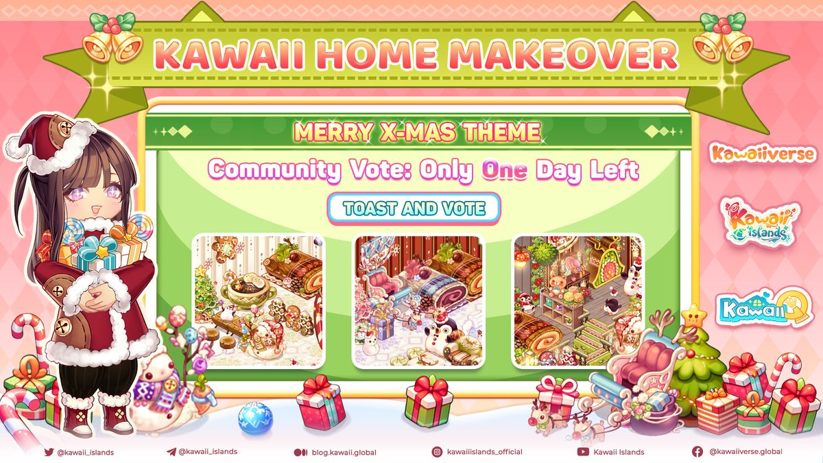 🌟 Last Day to Vote in Merry X-Mas Theme! 🗳️Hurry, Kawaiians! Just one day left to vote for your favorite designs. Don't miss shaping our festive event! 🎁 Vote now for a chance at the Blue Bunny statue and in-game prizes! Top 5 designs win the Reindeer Carriage!