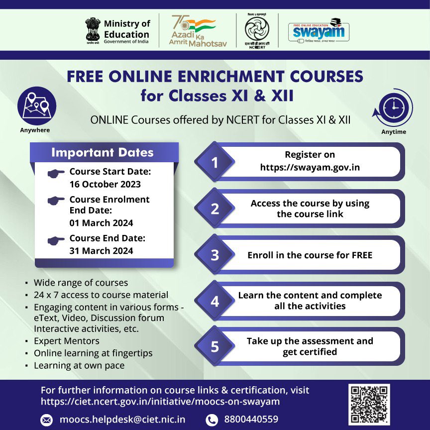 ncert's tweet image. Enrich your knowledge by learning through FREE online courses offered by NCERT on the SWAYAM portal. The courses are designed for students in Grades XI and XII across 11 subjects. For more information visit, ciet.ncert.gov.in/initiative/moo… 

#NCERT #FreeCourse #FreeOnlineCourse
